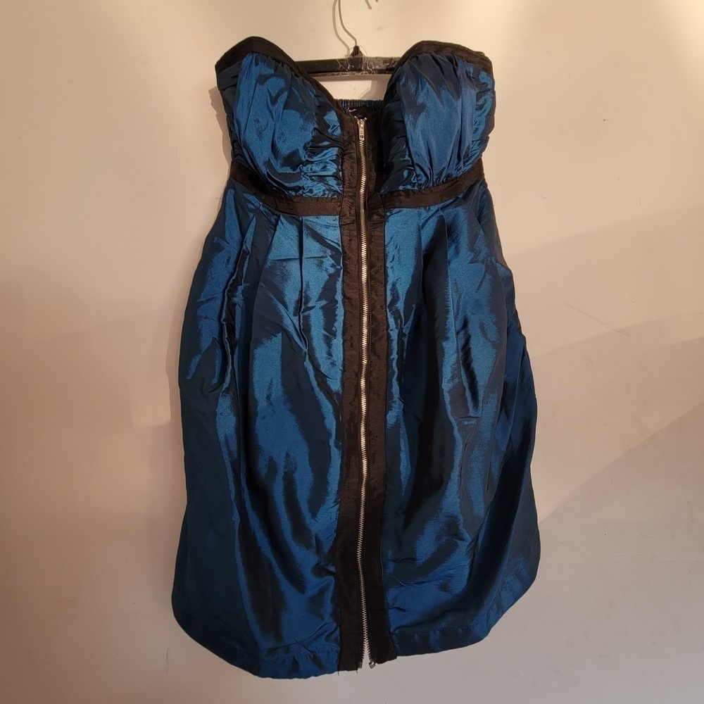 Aqua Blue Zipper Front Sweat Heart Strapless Cocktail Mini Dress Size Small